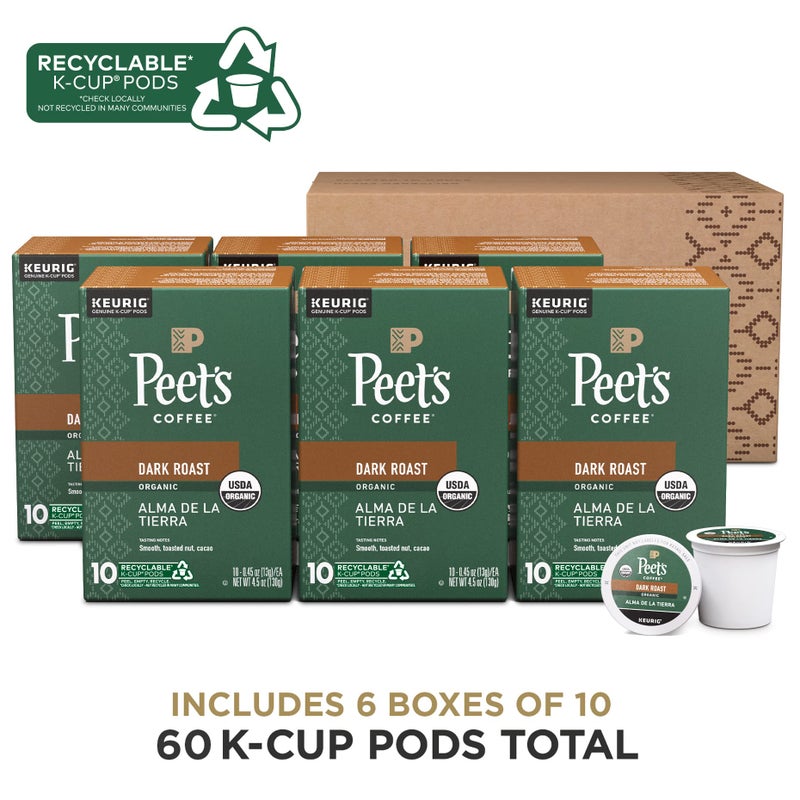 Peet's Coffee قهوة بيتس، تحميص داكن عضوي من وزارة الزراعة الأمريكية، كبسولات كيريج K-Cup - روح الأرض 60 قطعة (6 صناديق تحتوي على 10 كبسولات)  - Image 2